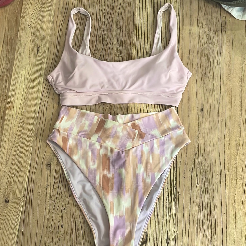 Aerie size medium girls bathing suit pastel pink purple with high waisted bottom